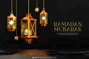 Gratis PSD ramadan mubarak 3d banner sjabloon met islamitische decoratie voorwerpen