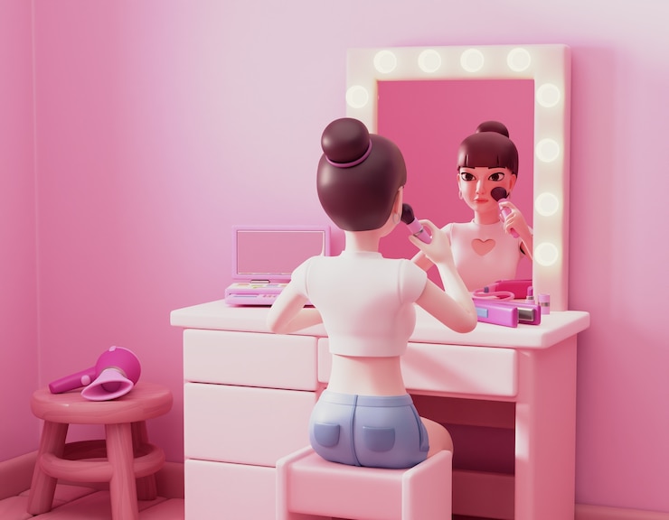 PSD gratuito rappresentazione 3d della ragazza che applica trucco