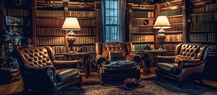 PSD Gratis reading room in old library or house generative ai