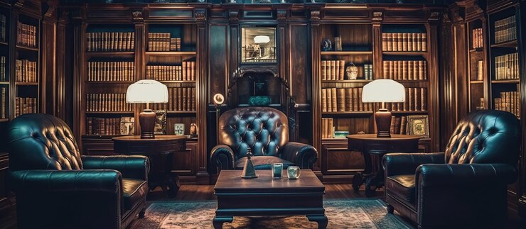 PSD Gratis reading room in old library or house generative ai