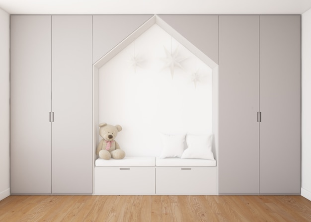 Gratis PSD realistische kinderachtige slaapkamer met kledingkast en een bed met teddybeer