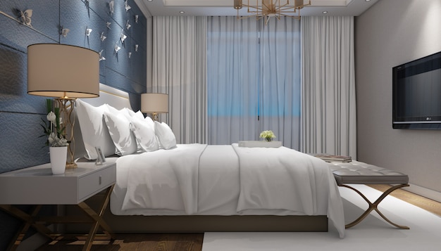 realistische lichte moderne tweepersoonskamer met meubels