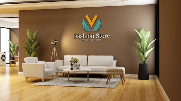 Realistische logo-mockup in de lounge van de modewinkel