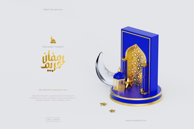 Realistische Ramadan-groetenachtergrond met 3D-moskeepodium-sikkellantaarn en islamitische ornamenten