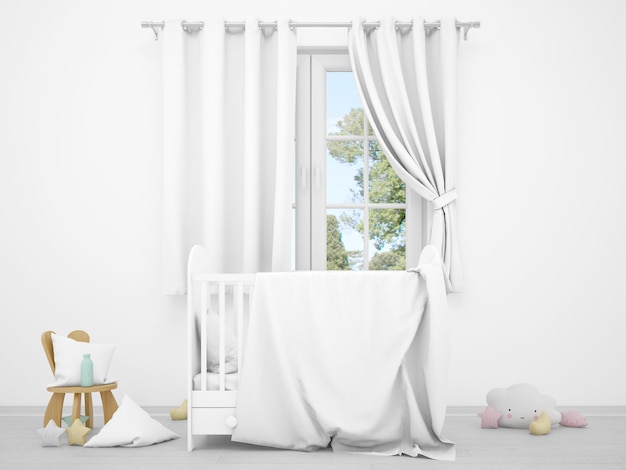 realistische witte baby slaapkamer met een raam en een wieg