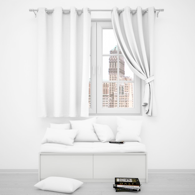 realistische witte kamer met een raam en een bank