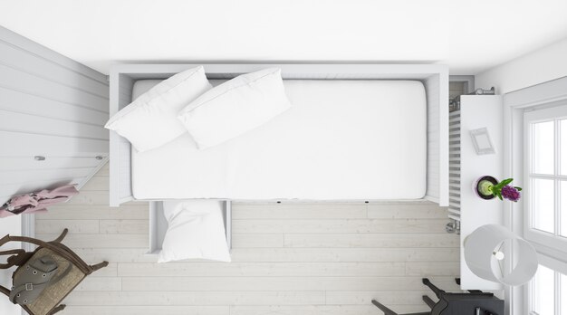 realistische witte slaapkamer met meubels op bovenaanzicht
