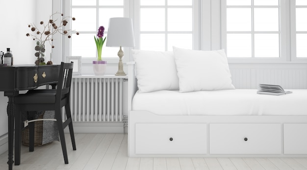 realistische witte slaapkamer met meubels