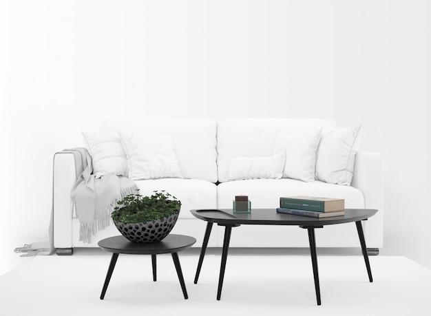 Gratis PSD realistische witte sofa mockup met tafel