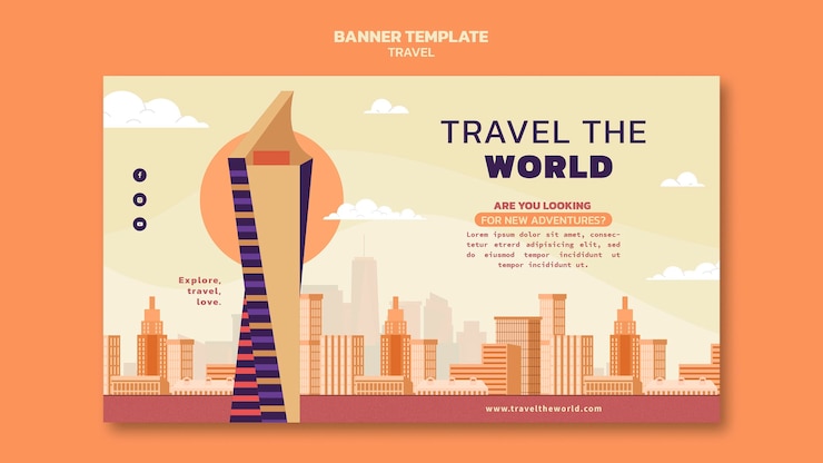 Gratis PSD reis de wereld rond horizontale bannersjabloon met oriëntatiepunten