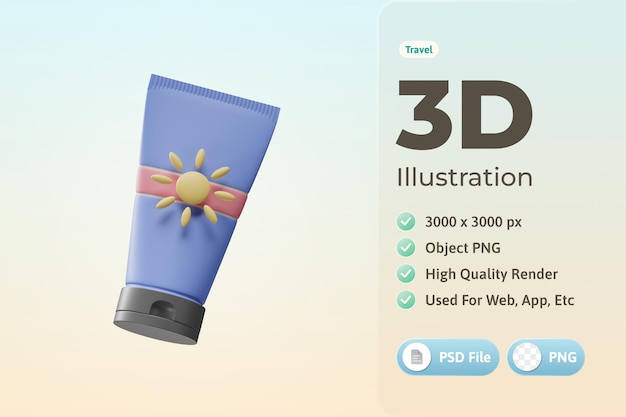 Gratis PSD reispictogram zonnecrème 3d illustratie