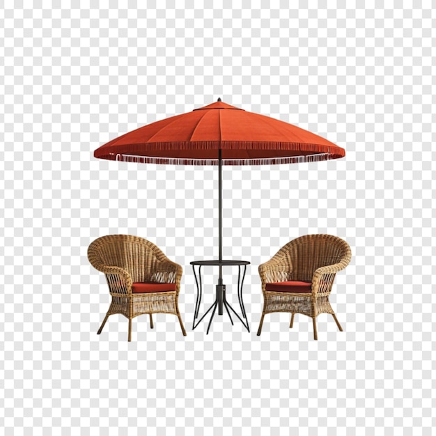 Relajante patio con sillas de mimbre, mesa y sombrilla roja