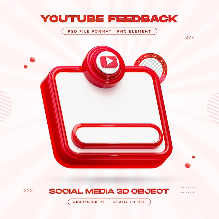 PSD gratuito rendering 3d dei social media isolati del pulsante di feedback di youtube
