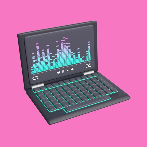 Rendering 3D del computer portatile con software musicale