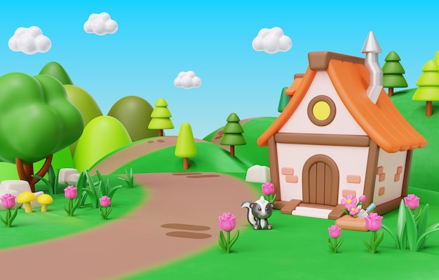 Rendering 3D dell'illustrazione del paesaggio primaverile