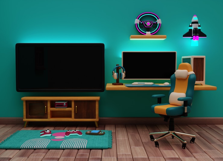 PSD gratuito rendering 3d dell'illustrazione della stanza dei giocatori