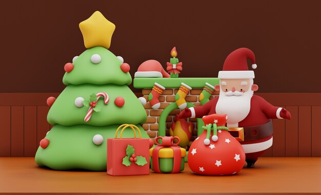 Rendering 3D di Babbo Natale nel suo soggiorno