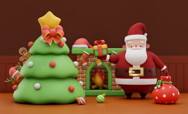 Rendering 3D di Babbo Natale nel suo soggiorno