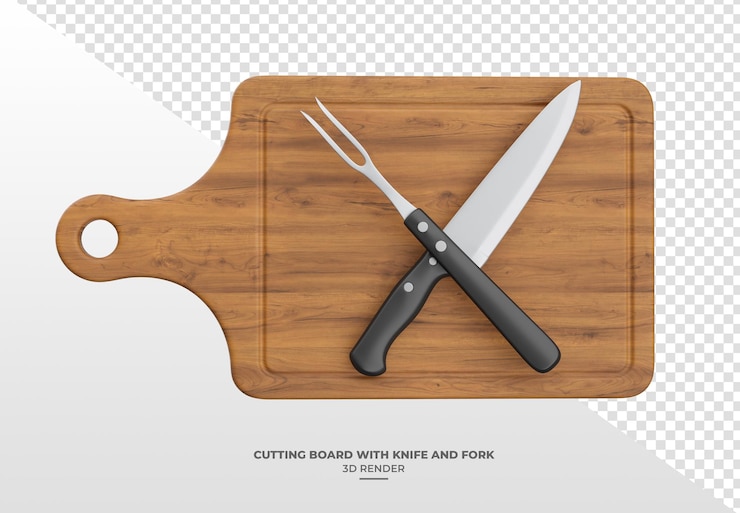PSD gratuito rendering 3d di tavola da taglio in legno con coltello e forchetta su sfondo trasparente