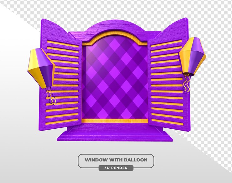 PSD gratuito rendering 3d di una finestra con palloncini per celebrazioni e temi di festa