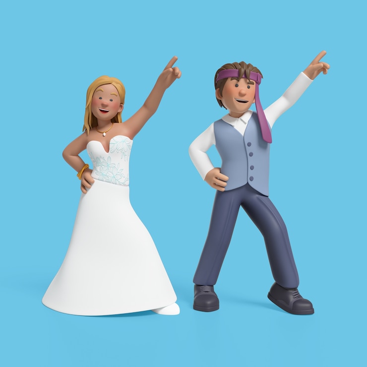 Rendering en 3D de la novia y el novio posando