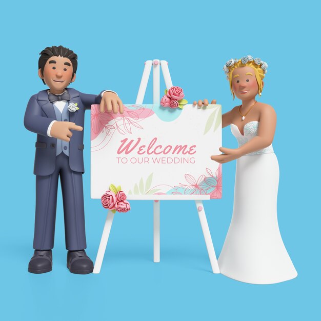 Rendering en 3D de la novia y el novio posando