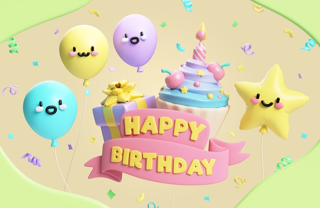 Renderización 3D de los elementos de feliz cumpleaños