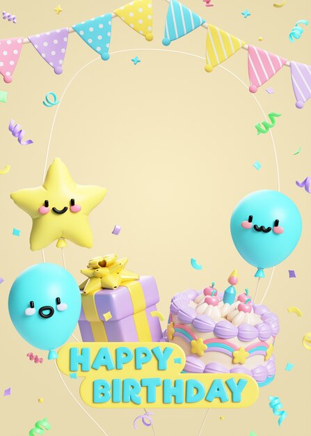 Renderización 3D de los elementos de feliz cumpleaños