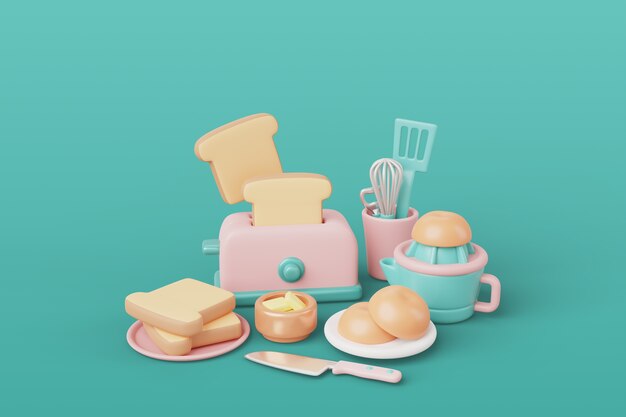 Renderización 3D de herramientas de cocina naturaleza muerta