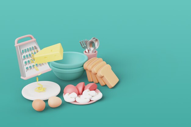 Renderización 3D de herramientas de cocina naturaleza muerta