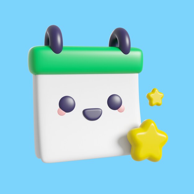 Renderización 3D del icono de hora y fecha de kawaii