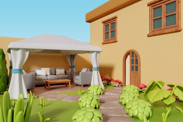 Renderización en 3D de la ilustración del hogar al aire libre