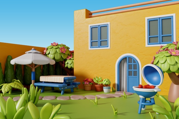 Renderización en 3D de la ilustración del hogar al aire libre