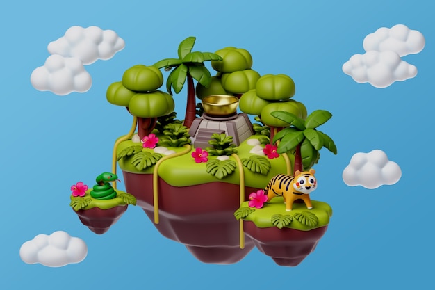 Renderización en 3D de la ilustración de la isla flotante