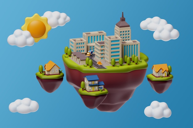 Renderización en 3D de la ilustración de la isla flotante