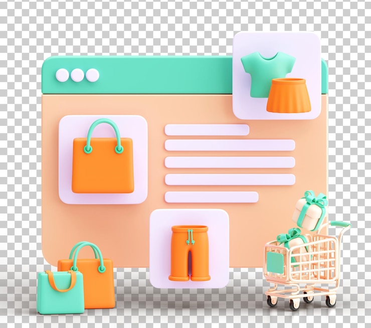 PSD gratuito renderización 3d de la interfaz del sitio web de comercio electrónico con elementos de compras en un fondo transparente