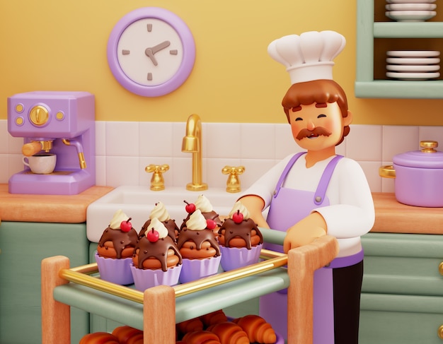 Renderización en 3D del personaje del chef de pastelería