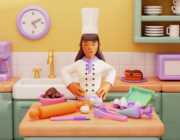 Renderización en 3D del personaje del chef de pastelería
