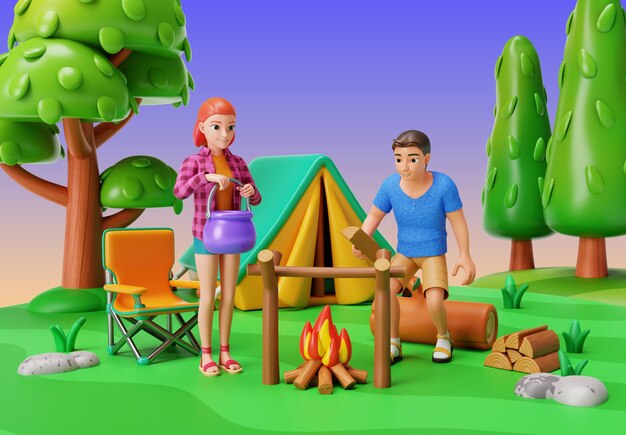 Renderización en 3D de personajes acampando