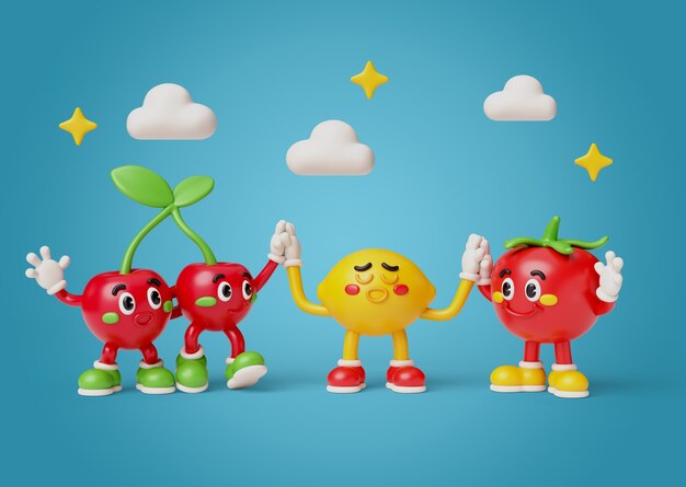 Renderización en 3D de los personajes de los amigos de la comida