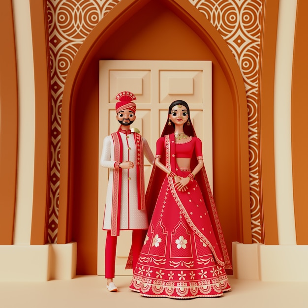 PSD gratuito renderización en 3d de personajes de bodas indias