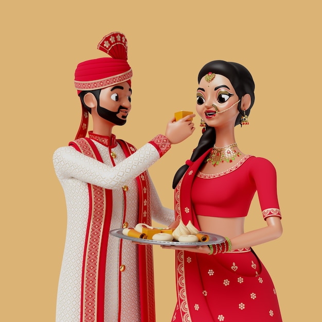 PSD gratuito renderización en 3d de personajes de bodas indias