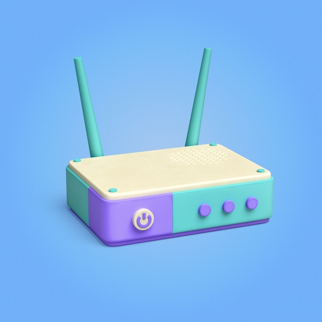 Renderización 3D de un router colorido con antenas y un botón de encendido