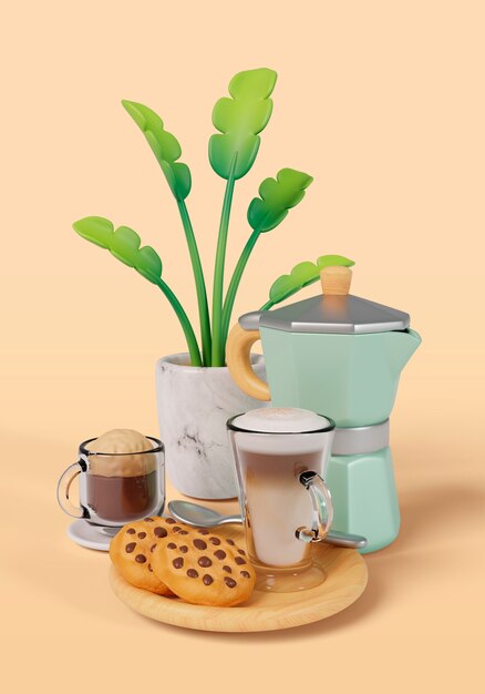 Renderización en 3D de la vida muerta del tiempo del café