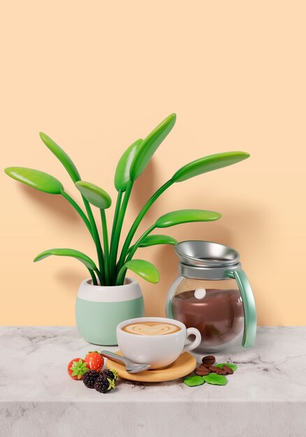 Renderización en 3D de la vida muerta del tiempo del café