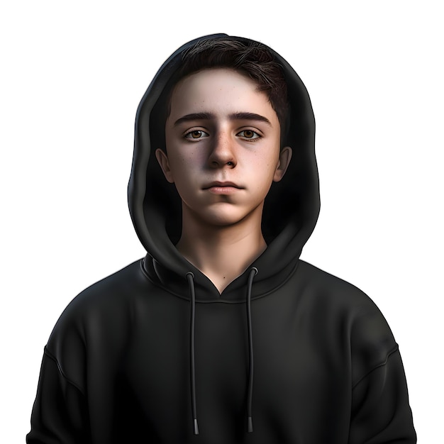 Renderización digital en 3d de un adolescente con capucha aislado sobre un fondo blanco