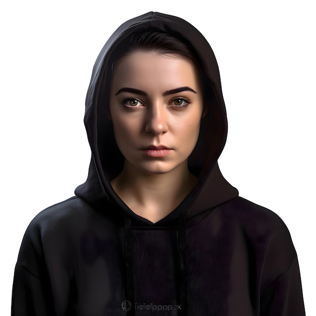 PSD gratuito renderización digital en 3d de una mujer joven con una sudadera negra aislada sobre un fondo blanco