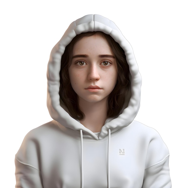 PSD gratuito renderizado en 3d de una adolescente con una sudadera blanca aislada sobre un fondo blanco