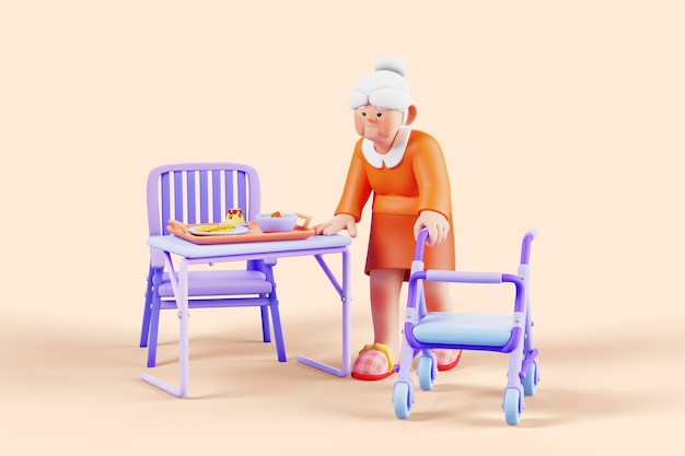 Renderizado en 3D de una anciana con movilidad reducida