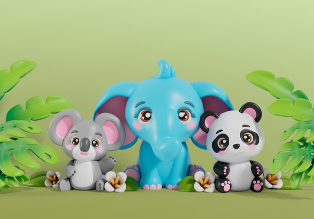 Renderizado en 3D de animales kawaii de naturaleza muerta
